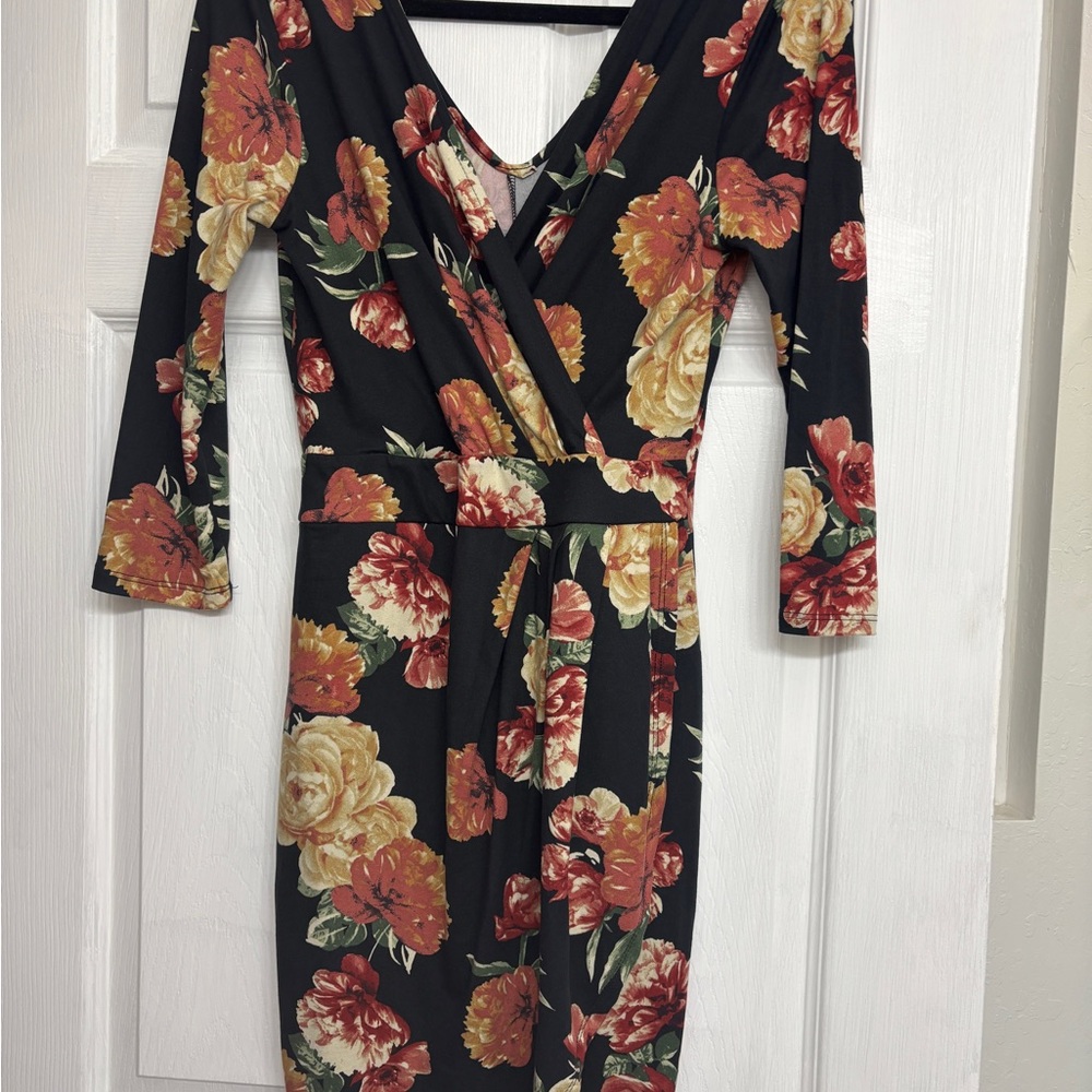 Iris Orange Ruched Wrap Dress V-Neck 3/4 Sleeve